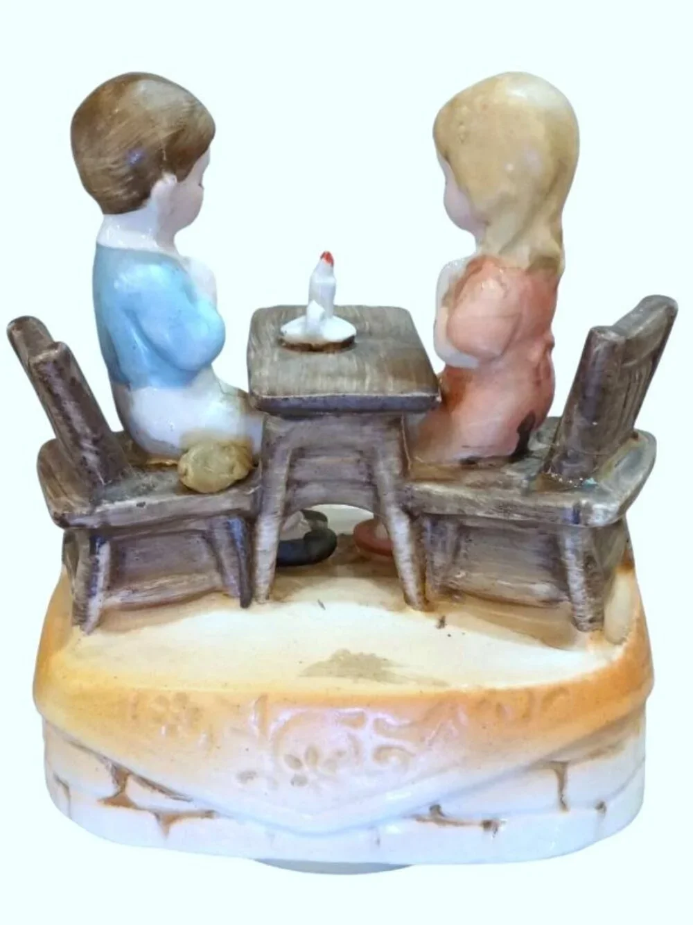 RARE Vintage Sankyo Boy Girl Praying W CAP Porcelain Music Box Bless This House